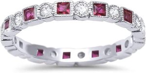 Bague éternelle sertie de pierres, alternant des rubis roses simulés ronds, bande en argent sterling 925 - Product Image 2