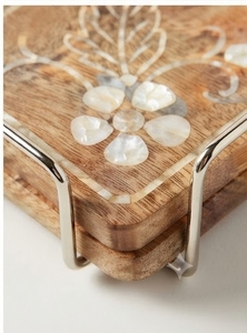 Ensemble de sous-verres carrés en bois avec incrustation de nacre motif floral, tapis antidérapants, style oriental, faits à la main, accessoires de table écologiques - Product Image 2