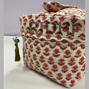 Custom Punch Pink Block Printed Cotton Quilted Travel Toiletry and Makeup <b>Bag</b> Reusable <b>Multipurpose</b> Organizer Pouch for Shopping - Product Image 5