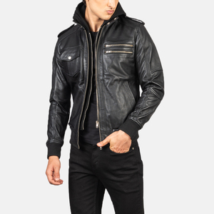 Chaqueta de Motociclista Retro Vintage de Cuero Negro Desgastado con Capucha, Chaqueta Bomber de Cuero con Capucha para Hombre, Último Estilo - Product Image 1