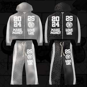 Survêtement en strass pantalon de survêtement évasé empilé et ensemble de sweat à capuche imprimé bouffant lavé à l'acide survêtement en détresse survêtement de marque personnalisé - Product Image 1