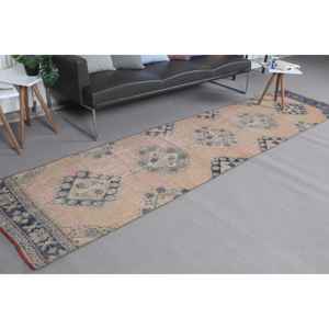 Alfombra Turca Vintage de 2.6x11.4 pies, Alfombra de Lana Marrón Azul Camuflaje - Product Image 1