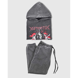 Sweat-shirt imprimé personnalisé lavé à l'acide patch brodé en détresse sweat à capuche jogging survêtement pantalon de survêtement évasé et ensemble de sweat à capuche - Product Image 3