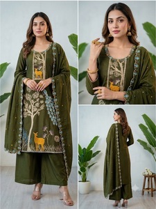 Wholesale Indian Ethnic Wear Designer Embroidered Kurta Palazzo Dupatta Set Women 3 Piece Suit Peacock Handwork Party Wear - Product Image 4