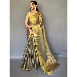 Sari de Seda Tejida Verde Oliva con Blusa, Ideal para Bodas - Product Image 2