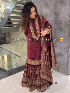 Conjunto de 3 Piezas de Top Palazzo de Satén Georgette Bordado a la Moda para Mujer con Dupatta para Uso Diario, Color Cielo - Product Image 4