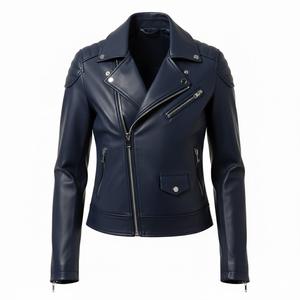 Veste de motard en cuir bleu marine en gros pour femmes, design personnalisé, style moto, veste en cuir véritable pour femmes, exportation professionnelle - Product Image 2