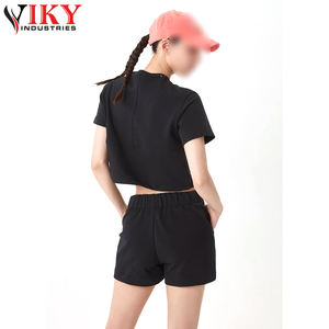 Blusas cortas de verano para mujer, camisas de algodón acanaladas, top de punto con cuello redondo, conjunto de dos piezas para mujer - Product Image 3