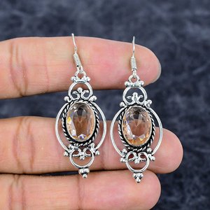 Pendientes de morganita de Plata de Ley 925 hechos a mano, forma ovalada de gota larga, piedras preciosas chapadas en plata para bodas y fiestas - Product Image 2