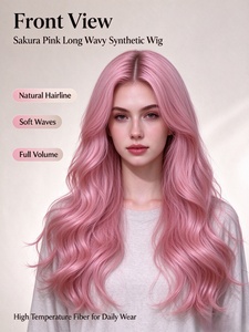 Sakura Pink Long Wavy Synthetic <b>Wig</b> Heat Resistant Full Volume Body Wave Hairpiece for Daily Wear Cosplay - Product Image 1