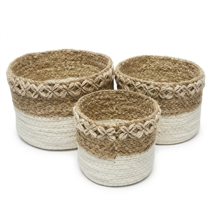Natural Seagrass Recycled Plastic <b>Basket</b> Set White Base Flower Shell Rim Cylinder Pot Planter Pure Art Setup Room Decor Craft - Product Image 1