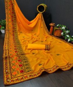 Luce fabuloso en nuestros saris de gasa bordados en piedra con detalles de volantes de blusa para correr sin costuras - Product Image 6