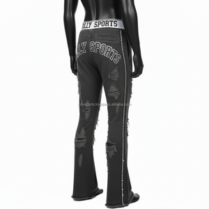 Premium Men Distressed Jogger Pant 320 GSM Tela de punto pesado con diamantes de imitación Stud Work Flared Style Wash pantalones de hombre - Product Image 4