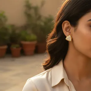 Women's Trendy <b>Vintage</b> <b>Gold</b> Plated Triangle Stud <b>Earrings</b> with White CZ Rhodium Plated Brass Jewelry for Parties - Product Image 3