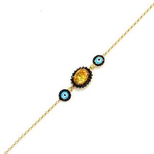 925 Sterling <b>Silver</b> Fashion <b>Charm</b> <b>Bracelet</b> with Citrine Stone & Enamel Evil Eye - Product Image 1