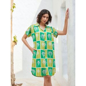 Saucy Casual Shirt <b>Dress</b> with <b>Tropical</b> Print and Stand Collar - Product Image 1