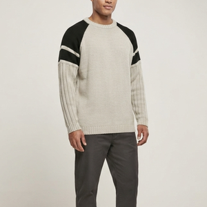Pull tricoté pour homme OEM, collection automne, en promotion, pull en maille torsadée, design patchwork, en laine, style vintage, beige et noir, disponible à la vente - Product Image 4