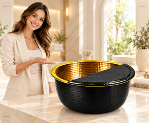 Bol de pédicure rond en cuivre martelé doré avec couvercle noir et système de drainage sans tuyau et de massage manuel pour salon et spa - Product Image 4