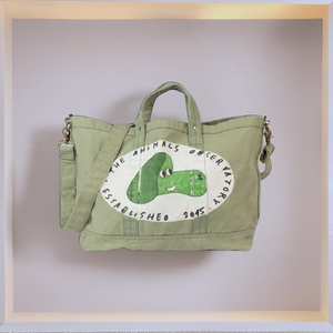 Bolsa de Mano de Lona de Algodón Estampada con Adorno de Pompones Hechos a Mano, Detalle de Pompones, Lista para la Playa, Bolsa de Compras Artesanal - Product Image 2