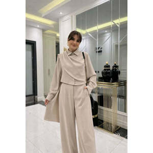 Conjunto de Dos Piezas para Mujer de Jane: Blusa Elegante de Manga Larga con Detalle de Chal y Pantalones de Corte Clásico, Atuendo Femenino Elegante para Adultas - Product Image 1