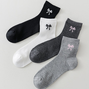 Custom <b>Cute</b> Bow Knitted Cotton <b>Socks</b> for Women Girls Soft Breathable Ribber Non-slip <b>Socks</b> for Yoga Pilates Daily Indoor Workout - Product Image 1