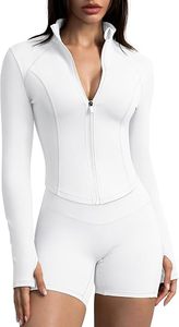 Ensemble de yoga 2 pièces blanc uni pour femme : veste de sport zippée à manches longues et short taille haute au-dessus du genou, séchage rapide, tenue de fitness active - Product Image 4