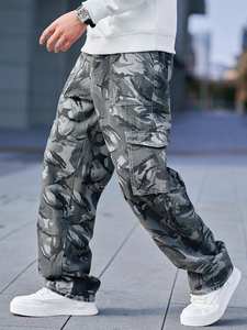 กางเกงคาร์โก้ขายาวแบบลำลองลายพรางสำหรับผู้ชายกางเกงคาร์โก้ขากว้างทรงหลวมดีไซน์ย้อนยุค - Product Image 4