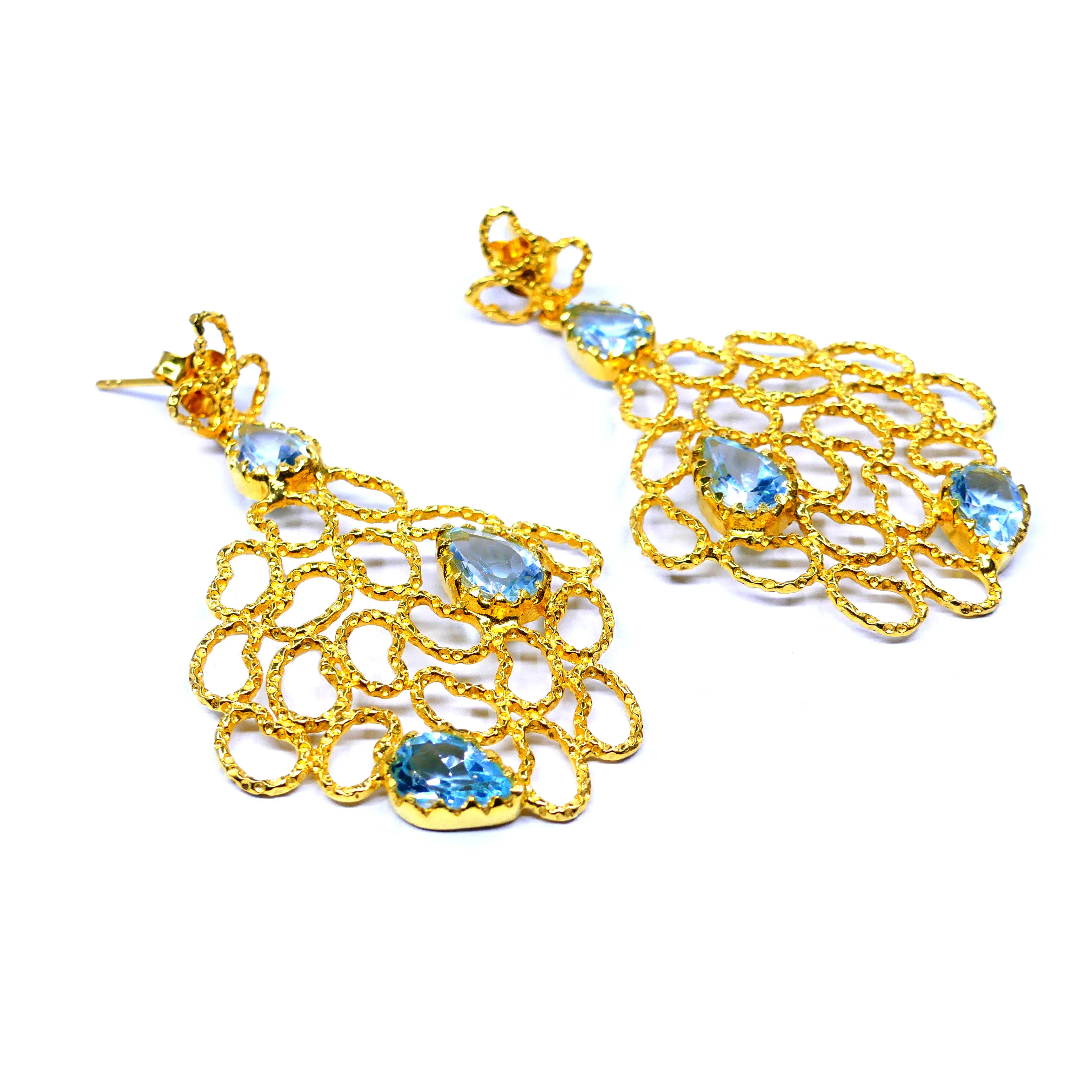 Fashion jewelry 925 Sterling Silver Blue Topaz Gemstone Gold Plated Hanging Earring Party Wear Women Jewelry Unique Earrings