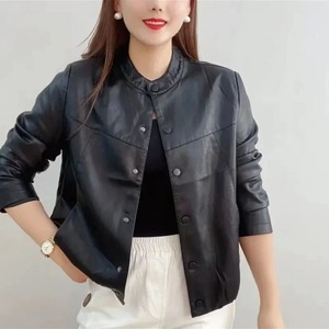 Veste en cuir femme recadrée 2024 automne nouveau Style mode Tweed veste en cuir col rond - Product Image 1