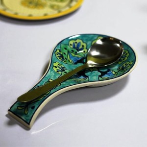 BEST SELLING Ceramic Spoon Rest Hand Painted in Blue & Yellow Set of 1 Indian-Made Metal Kitchen Holder for <b>Spatulas</b> Spoons - Product Image 1