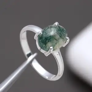 925 Sterling Silver Green Moss Agate Gemstone Handmade Vintage Jewelry forma ovale Prong Setting Garden Agate Ring