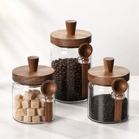 Ensemble de 3 récipients hermétiques modernes pour aliments et café avec couvercle en bambou et cuillère, pot d'organisation pour épices pour la cuisine et les placards de la maison
