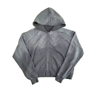 Personnalisé Hommes Lourd 100% Coton Double Zip Hoodies Haute Qualité Soleil Délavé Lavage Sweats Strass Hommes Zipper Hoodie - Product Image 2