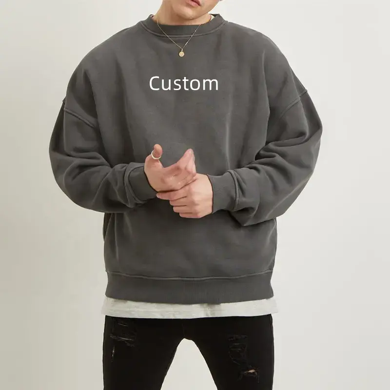 Kustom Sweater cuci asam desain baru Sweatshirt antik pakaian jalanan Terry longgar sesuai ukuran leher kru Pria