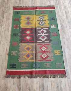 Wool <b>Jute</b> Kilim Handwoven <b>Rug</b> Green <b>Jute</b> Kilim <b>Jute</b> Flatweave Bohemian Indian Dhurrie Navajo Kilim Custom <b>Rug</b> for Bedroom - Product Image 3