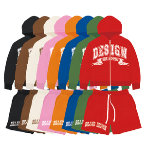 Sudaderas con capucha y pantalones cortos con cremallera para hombre de algodón 100% ropa de calle alta con logotipo personalizado conjunto de pantalones cortos de 2 piezas chándal informal para hombre - Product Image 2