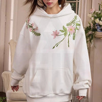 Sudadera con Capucha Premium Blanca Oversize para Mujer, con Bordado 3D Estético de Flores Rosas en la Parte Delantera, Cómoda, con Hombros Caídos, Colección de Invierno