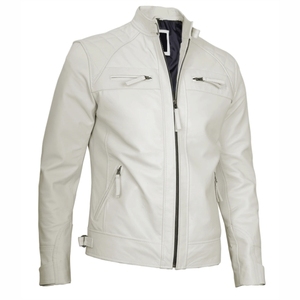 Veste classique Cafe Racer en cuir véritable blanc pour homme - Product Image 3