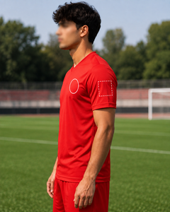 เสื้อฟุตบอลสั่งทำสีแดง พิมพ์ลายแบบซับลิเมชั่น ชื่อทีม หมายเลข 100% โพลีเอสเตอร์ แห้งเร็ว ขายส่ง ชุดฟุตบอลแบบ OEM - Product Image 4