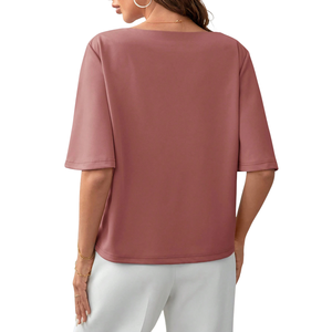 Blusa informal holgada de manga media para mujer, camisa de punto suave con cuello redondo de color liso, blusa de moda para el día a día, para primavera y verano - Product Image 2