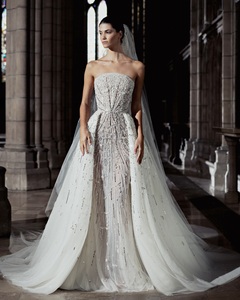 Robe de mariée bustier en satin perlé, avec traîne chapelle, soutien-gorge intégré, imprimé floral, élégante, longueur ras du sol, faite main, pour cérémonie nuptiale - Product Image 1