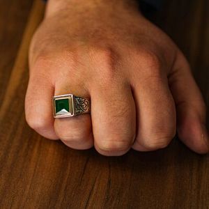 925 Sterling <b>Silver</b> Men's <b>Ring</b> Square <b>Emerald</b> Cut Turquoise Gemstone Bezel Setting IGI Certified Fine Jewelry for Everyday Wear - Product Image 1