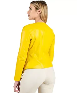 Veste en cuir véritable jaune pour femme, sans col, col rond, fermeture éclair sur le devant, en peau de mouton, style motard, personnalisée, élégante, coupe ajustée, vêtement d'extérieur - Product Image 2