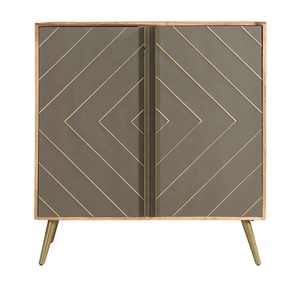 Nouveau tons de bois naturel massif moderne avec ciment gris portes ajustées en laiton rangement des boissons étagère ouverte armoire à vin - Product Image 5