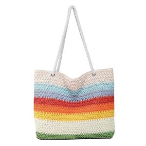 Crochet New Women's Shoulder <b>Bag</b> Rainbow Stripes Color Contrast Large Capacity <b>Straw</b> Beach Vacation Summer Daily Use - Product Image 5