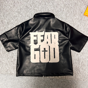 OEM personnalisé hommes de haute qualité en cuir PU fermeture éclair Faux cuir chemise Vintage à manches courtes poche poitrine Logo personnalisé brodé Patch - Product Image 4