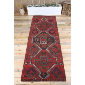 Turkish <b>Runner</b> Rug 3.5x9.6 ft (106x293 cm), Herki <b>Red</b> Geometric Vintage Rug - Product Image 1