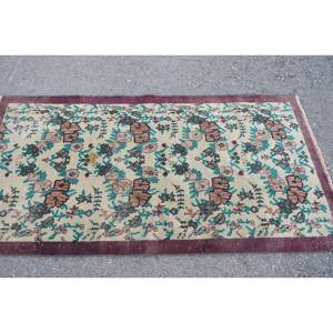 Alfombra de lana turca Vintage 34X65 pies Beige y púrpura clásico área grande rectángulo diseño de retazos para dormitorio con respaldo de látex - Product Image 4