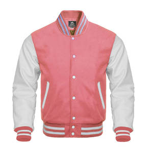 AHINT INDUSTRIES Customizable Men's Baseball Style Varsity Jacket <b>White</b> <b>Wool</b> Pink High Street Letterman Style Horn Button OEM - Product Image 1