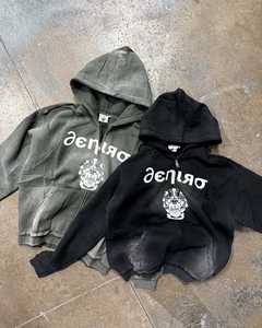 Sweat à capuche zippé en molleton de haute qualité pour homme, style streetwear, avec strass, vintage, double couche, capuche délavée à l'acide, effet délavé au soleil, effet usé - Product Image 3